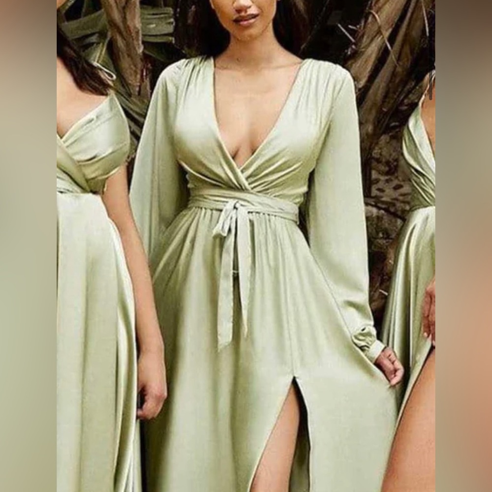 NWT Cinderella divine #7475 Sage SOFT SATIN LONG SLEEVE dress